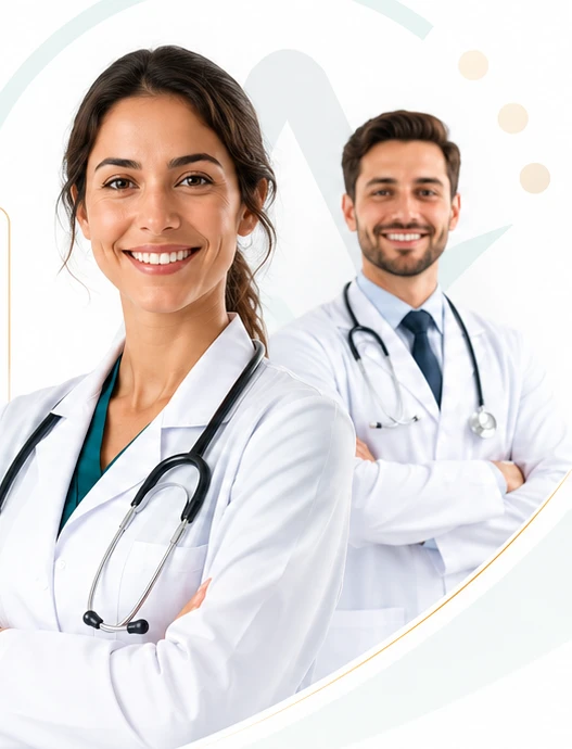 Médica e médico da ALUMA, de braços cruzados, representando os planos da plataforma