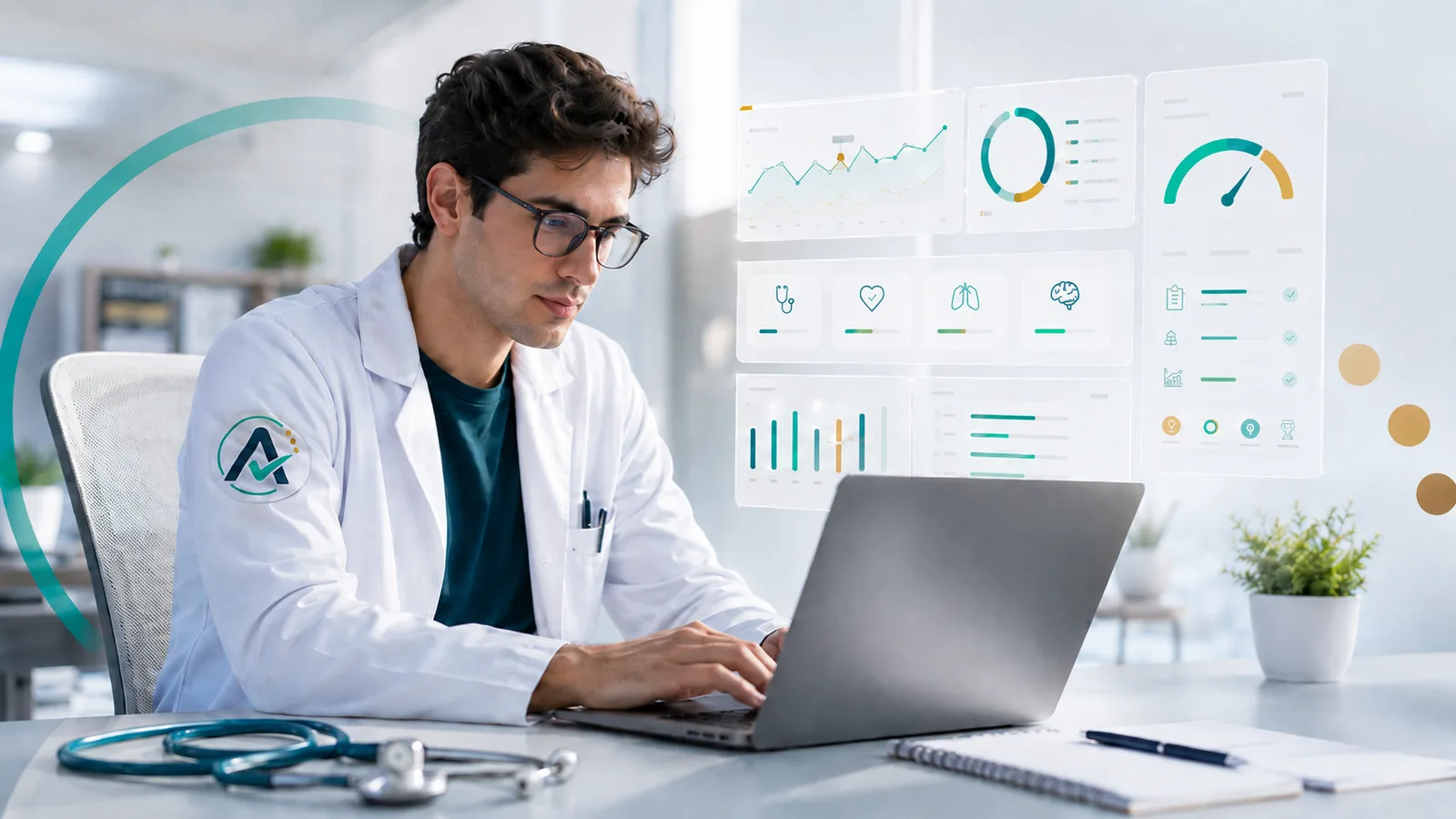 Médico revisando painéis de desempenho e questões da ALUMA no computador