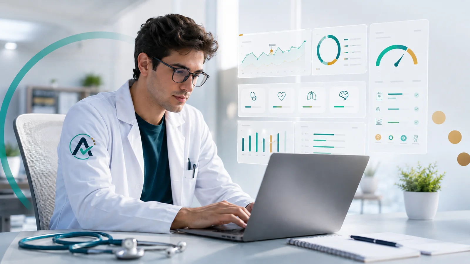 Médico revisando painéis de desempenho e simulados da ALUMA no computador